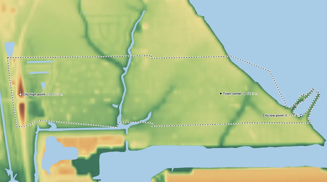 Topographic elevation map of Shoreacres, Texas, shaded from sea level level on Galveston Bay to 31 ft on the west side