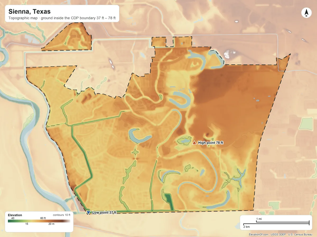 Topographic elevation map of Sienna, Texas, shaded from 37 ft on the southwest side to 78 ft on the east side