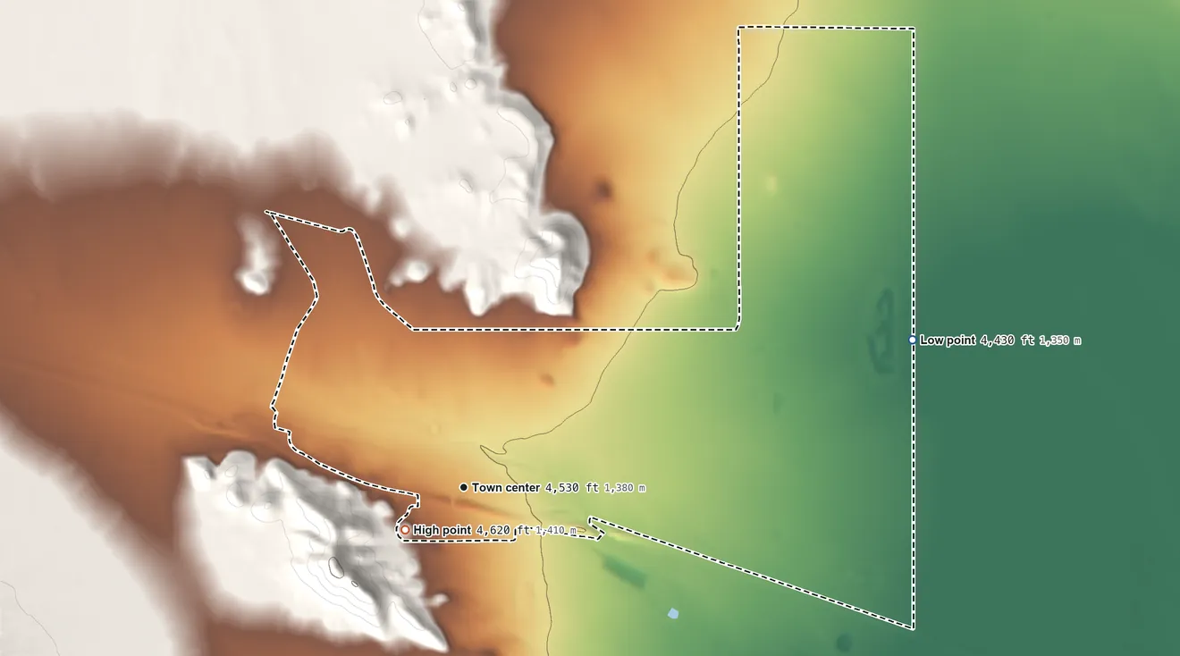 Topographic elevation map of Sierra Blanca, Texas, shaded from 4,430 ft on the east side to 4,620 ft at the foot of the Quitman Mountains
