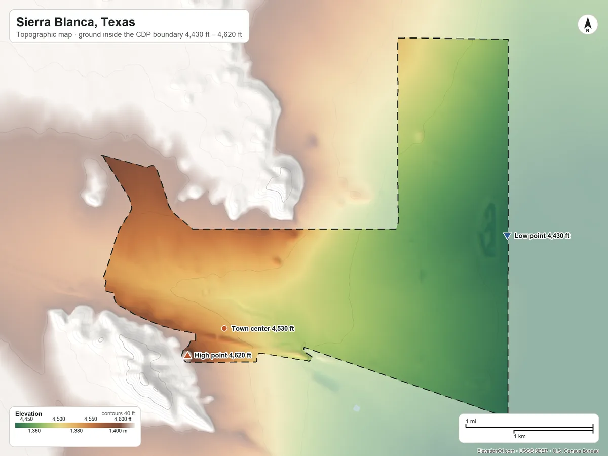 Topographic elevation map of Sierra Blanca, Texas, shaded from 4,430 ft on the east side to 4,620 ft at the foot of the Quitman Mountains