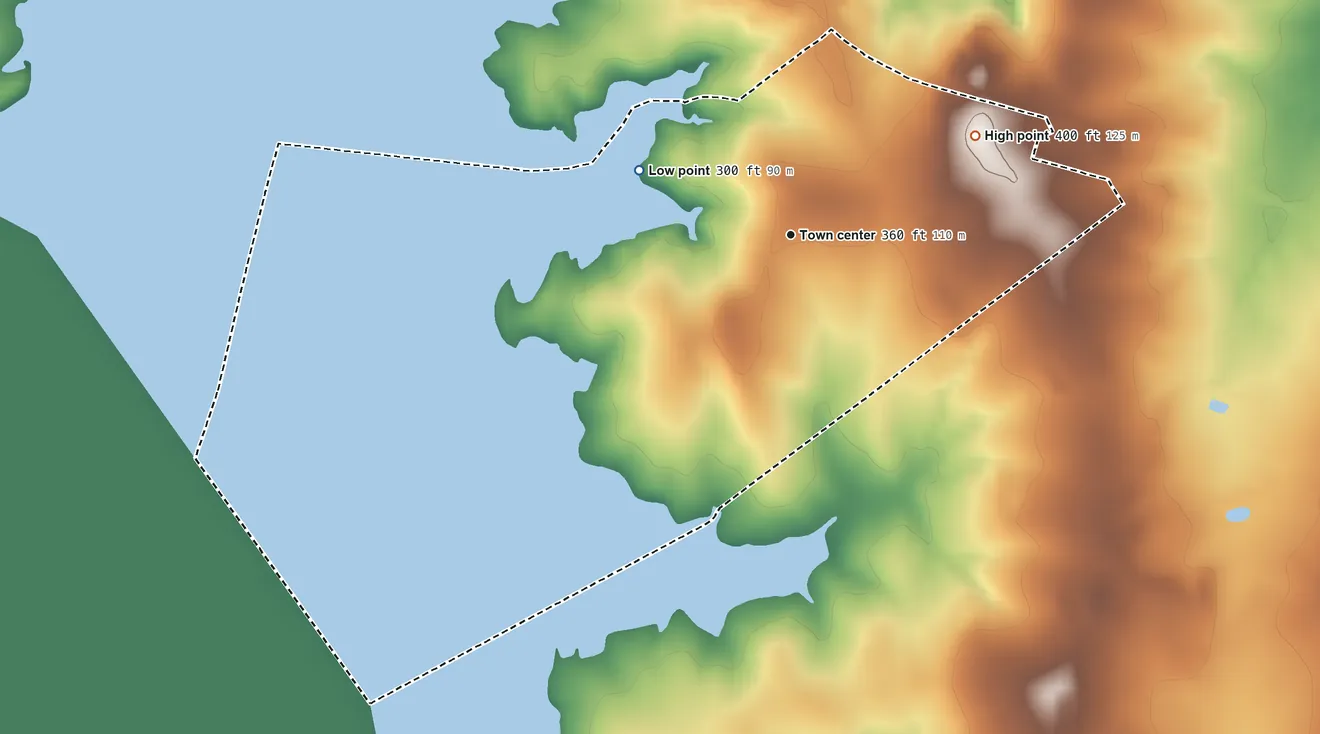 Topographic elevation map of Siesta Shores, Texas, shaded from 300 ft on the northwest side to 400 ft on the northeast side