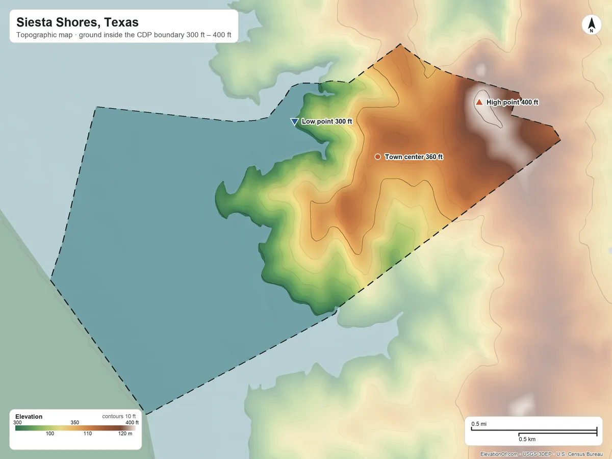 Topographic elevation map of Siesta Shores, Texas, shaded from 300 ft on the northwest side to 400 ft on the northeast side