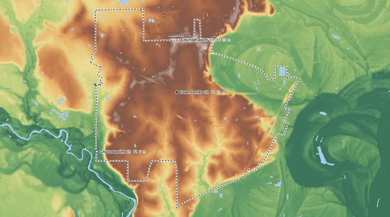 Topographic elevation map of Silsbee, Texas, shaded from 22 ft on the southwest side to 93 ft on the north side