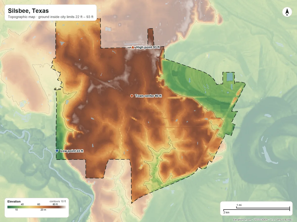Topographic elevation map of Silsbee, Texas, shaded from 22 ft on the southwest side to 93 ft on the north side