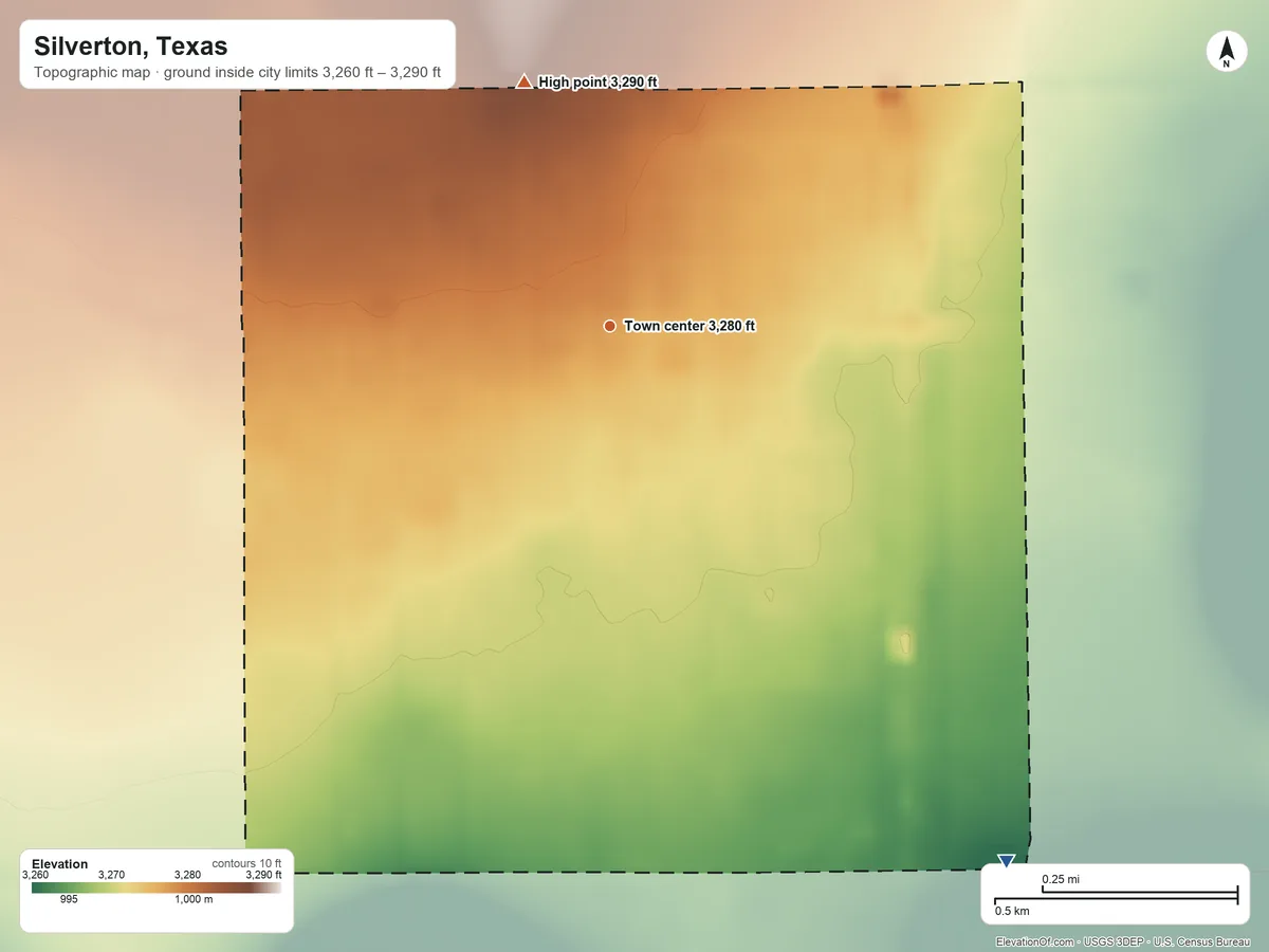 Topographic elevation map of Silverton, Texas, shaded from 3,260 ft on the southeast side to 3,290 ft on the north side