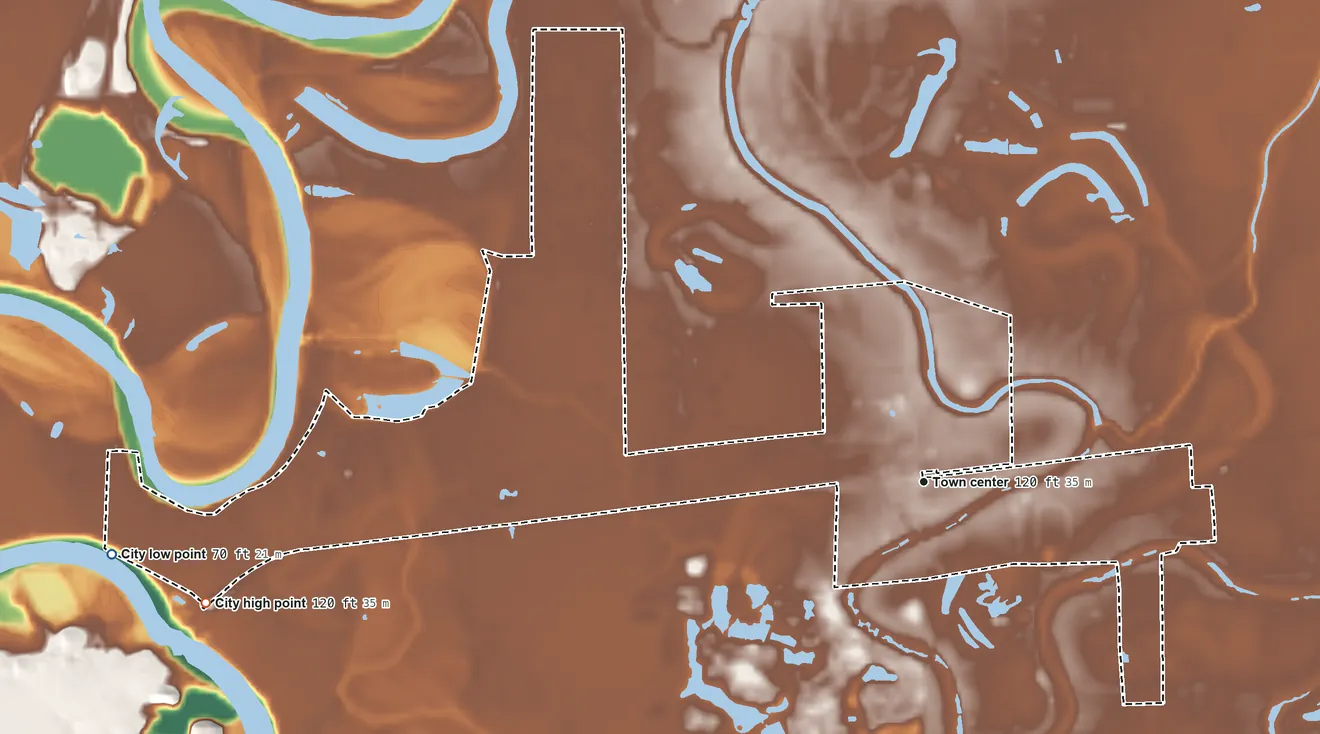 Topographic elevation map of Simonton, Texas, shaded from 70 ft on the west side to 120 ft on the west side