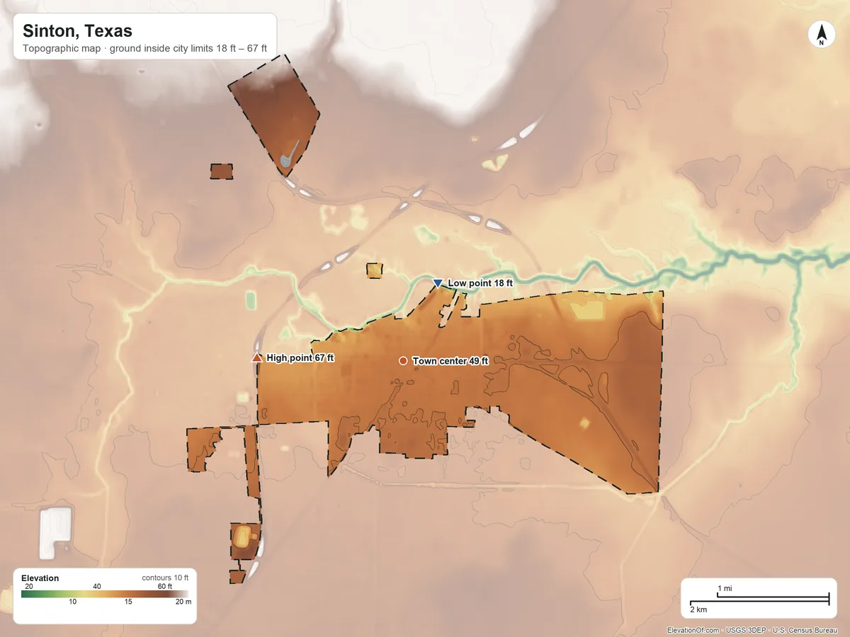 Topographic elevation map of Sinton, Texas, shaded from 18 ft on the northeast side to 67 ft on the west side