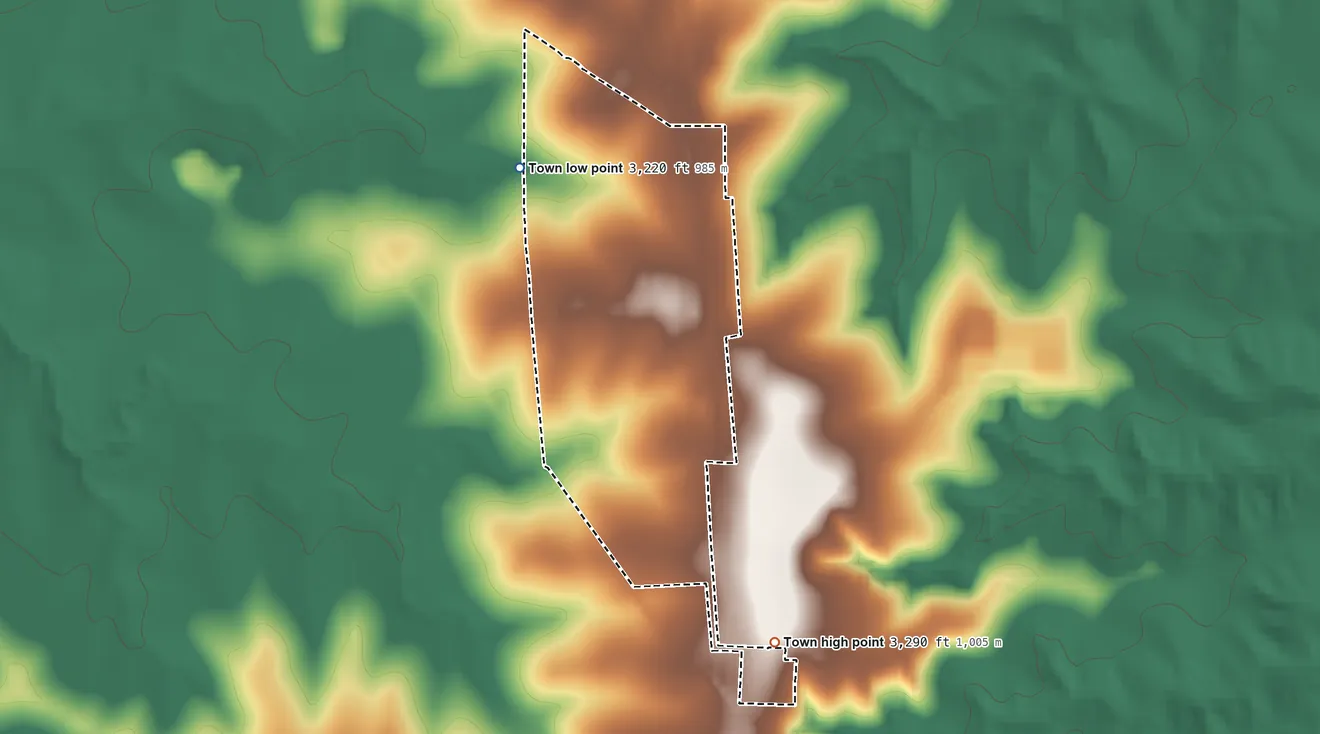 Topographic elevation map of Skellytown, Texas, shaded from 3,220 ft on the northwest side to 3,290 ft on the south side