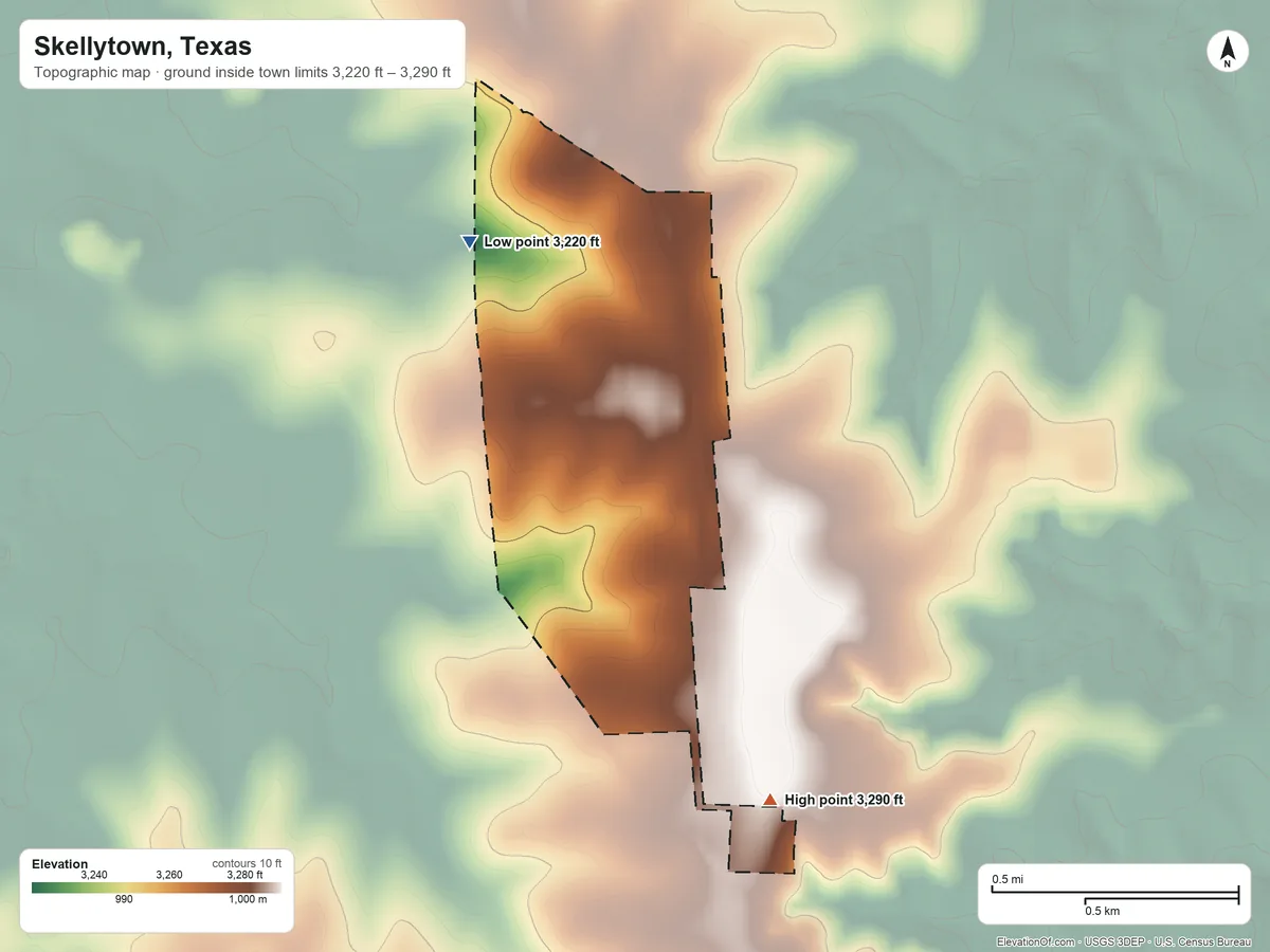 Topographic elevation map of Skellytown, Texas, shaded from 3,220 ft on the northwest side to 3,290 ft on the south side