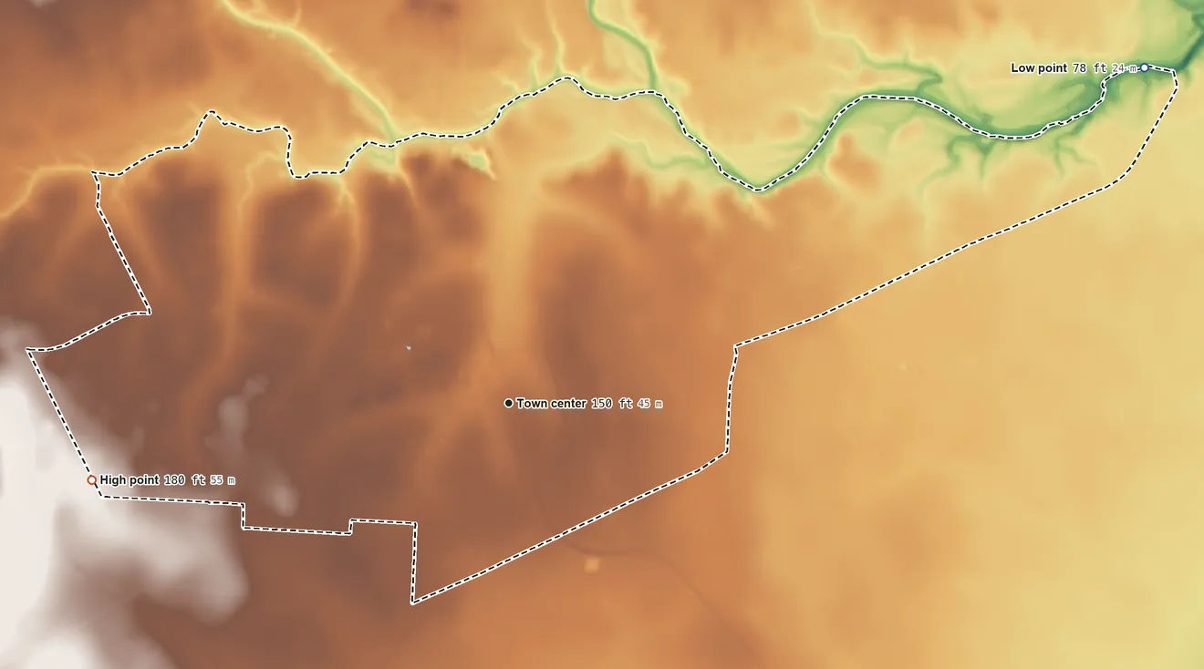 Topographic elevation map of Skidmore, Texas, shaded from 78 ft on the northeast side to 180 ft on the west side