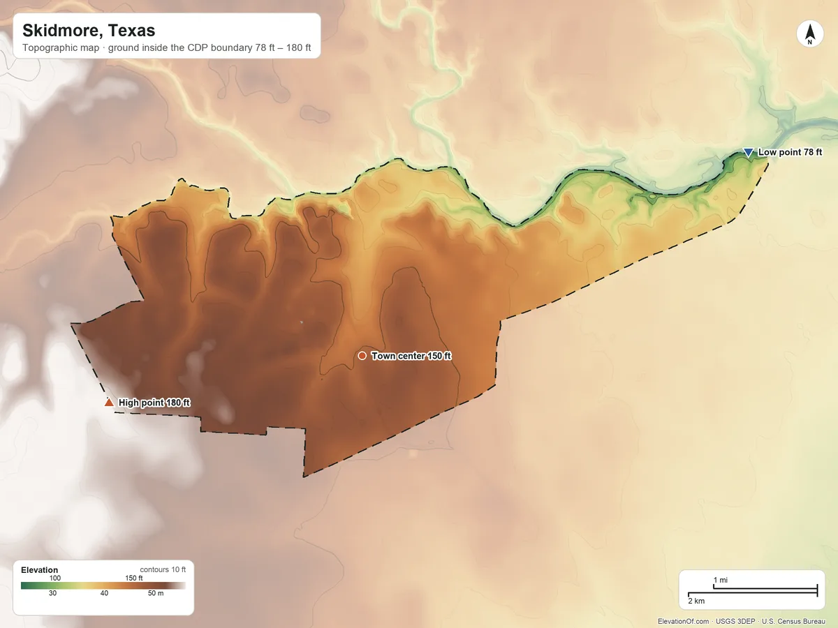Topographic elevation map of Skidmore, Texas, shaded from 78 ft on the northeast side to 180 ft on the west side