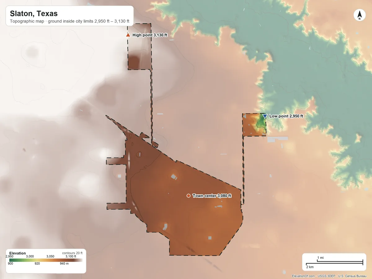 Topographic elevation map of Slaton, Texas, shaded from 2,950 ft on the northeast side to 3,130 ft on the north side