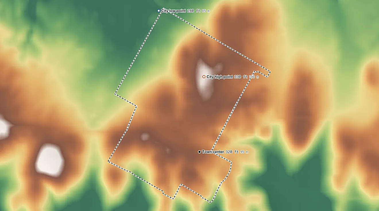 Topographic elevation map of Smiley, Texas, shaded from 280 ft on the north side to 330 ft on the north side