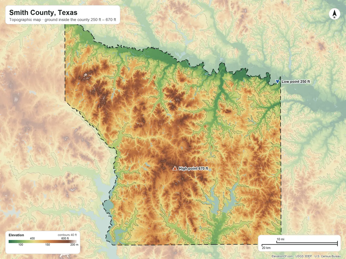 Topographic elevation map of Smith County, Texas, shaded from 250 ft on the northeast side to 670 ft on the south side