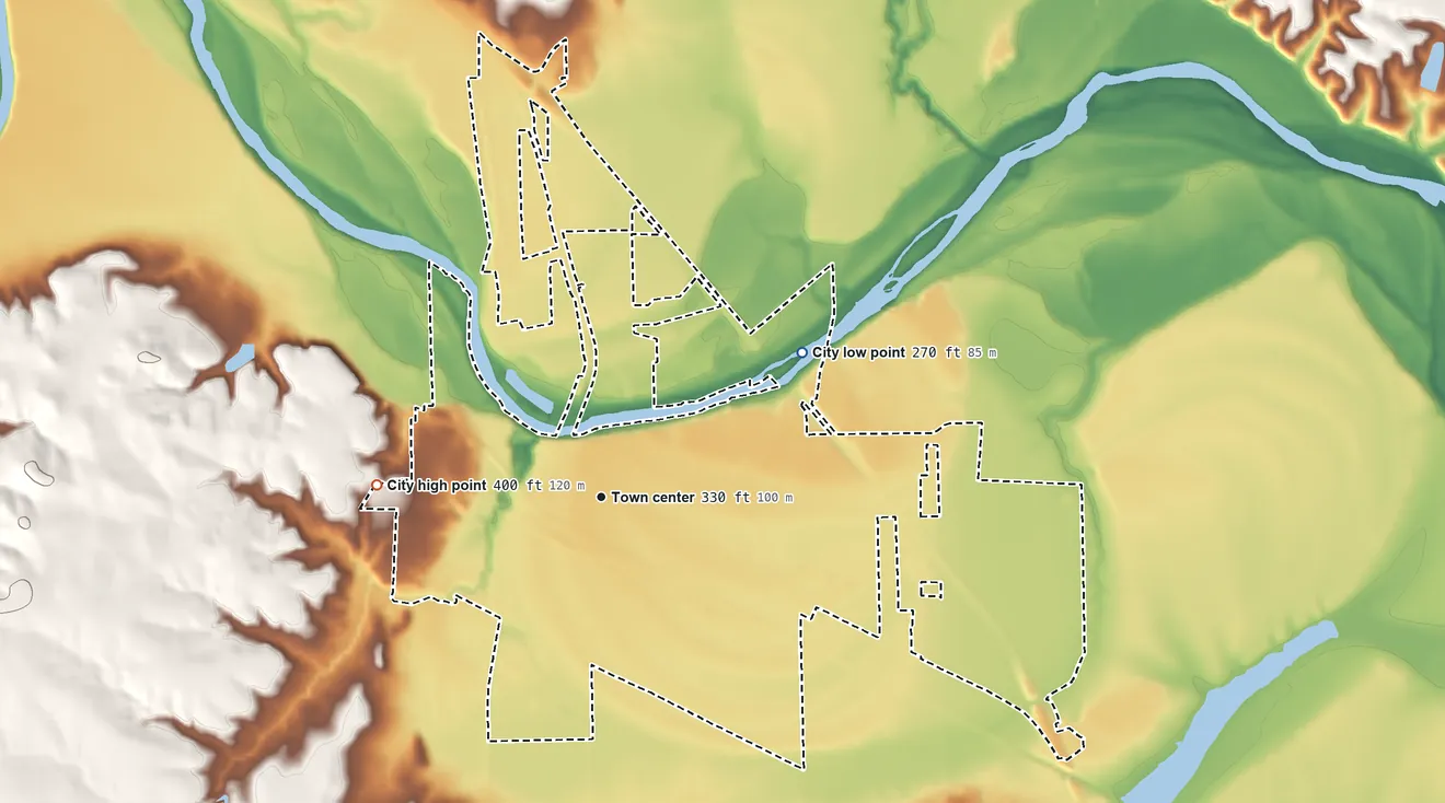 Topographic elevation map of Smithville, Texas, shaded from 270 ft on the northeast side to 400 ft on the west side