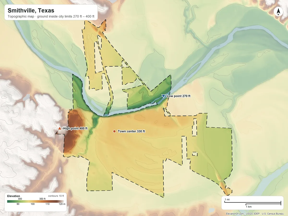 Topographic elevation map of Smithville, Texas, shaded from 270 ft on the northeast side to 400 ft on the west side