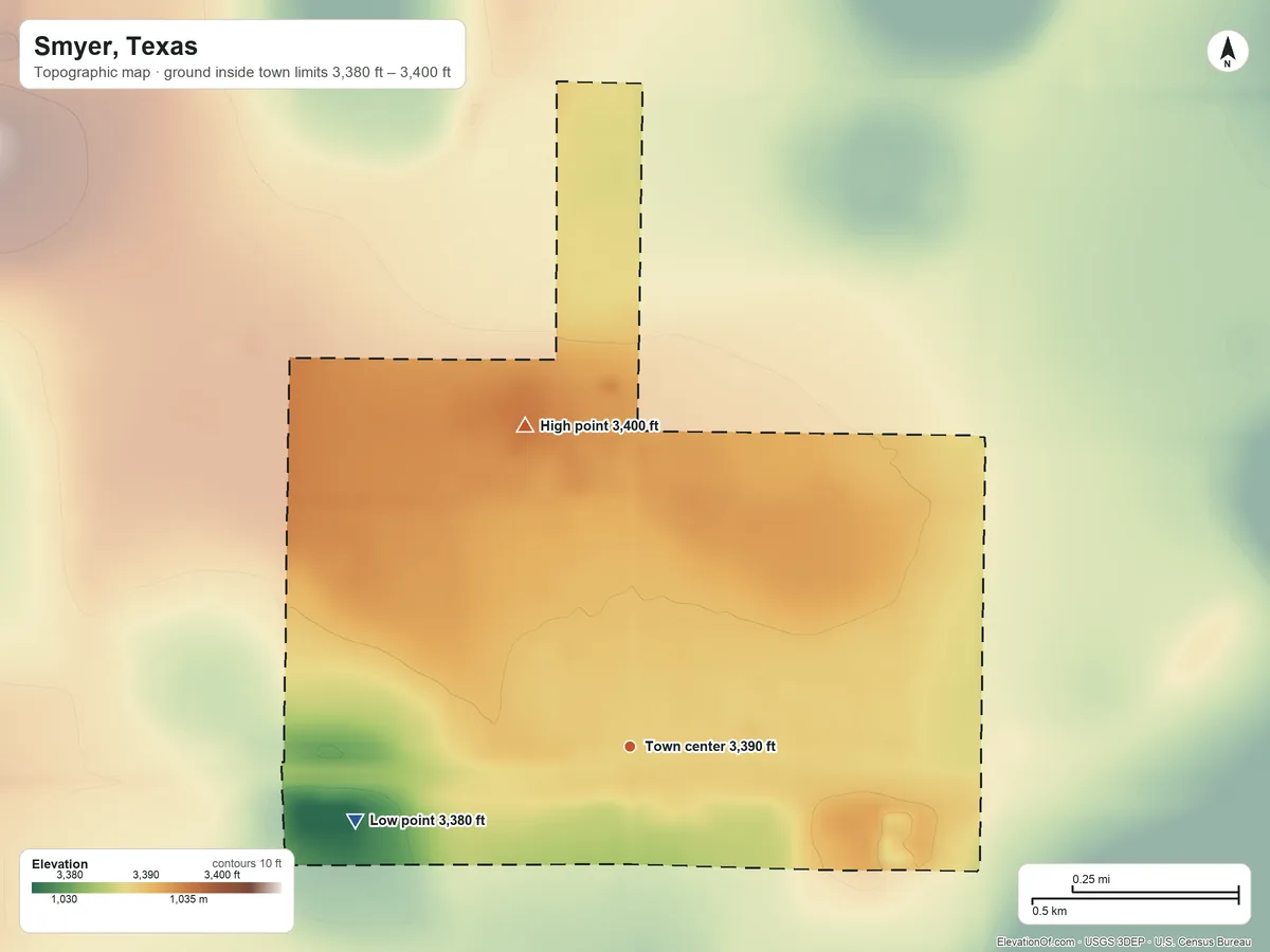 Topographic elevation map of Smyer, Texas, shaded from 3,380 ft on the west side to 3,400 ft on the north side