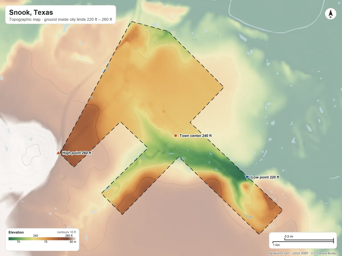 Topographic elevation map of Snook, Texas, shaded from 220 ft on the southeast side to 260 ft on the west side