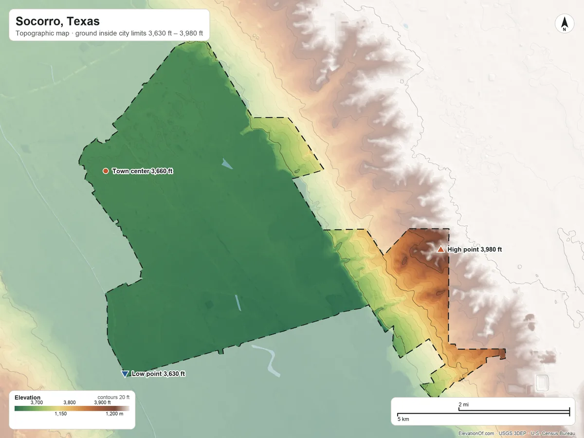 Topographic elevation map of Socorro, Texas, shaded from 3,630 ft on the south side to 3,980 ft on the east side