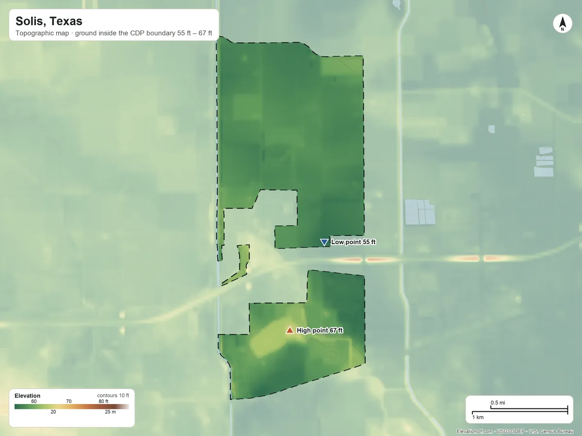 Topographic elevation map of Solis, Texas, shaded from 55 ft on the north side to 67 ft on the southwest side