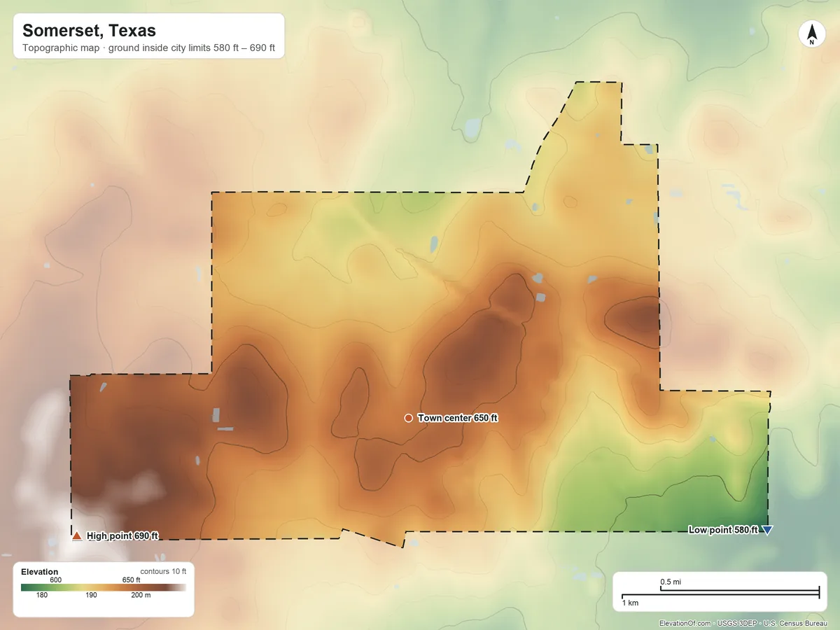 Topographic elevation map of Somerset, Texas, shaded from 580 ft on the east side to 690 ft on the west side