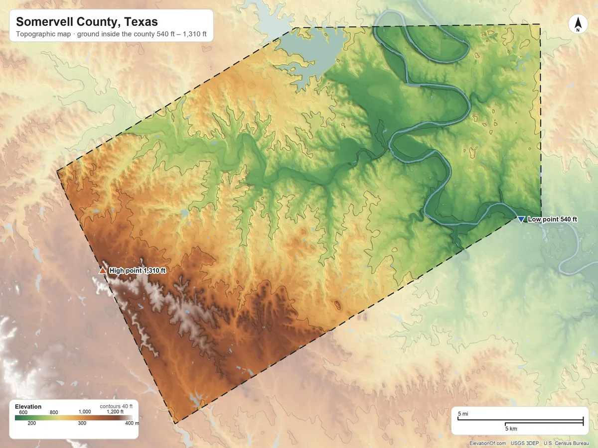 Topographic elevation map of Somervell County, Texas, shaded from 540 ft on the east side to 1,310 ft on the west side