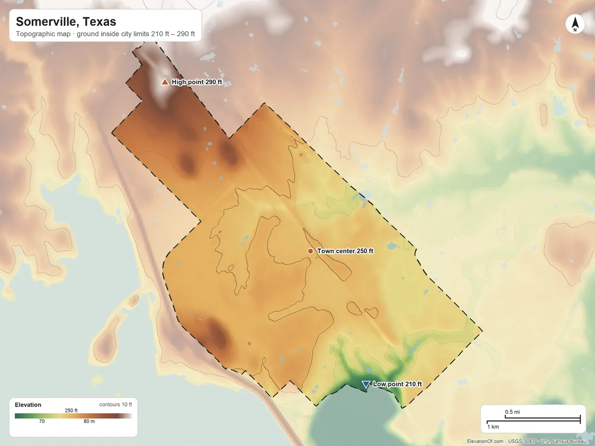 Topographic elevation map of Somerville, Texas, shaded from 210 ft on the southeast side to 290 ft on the northwest side