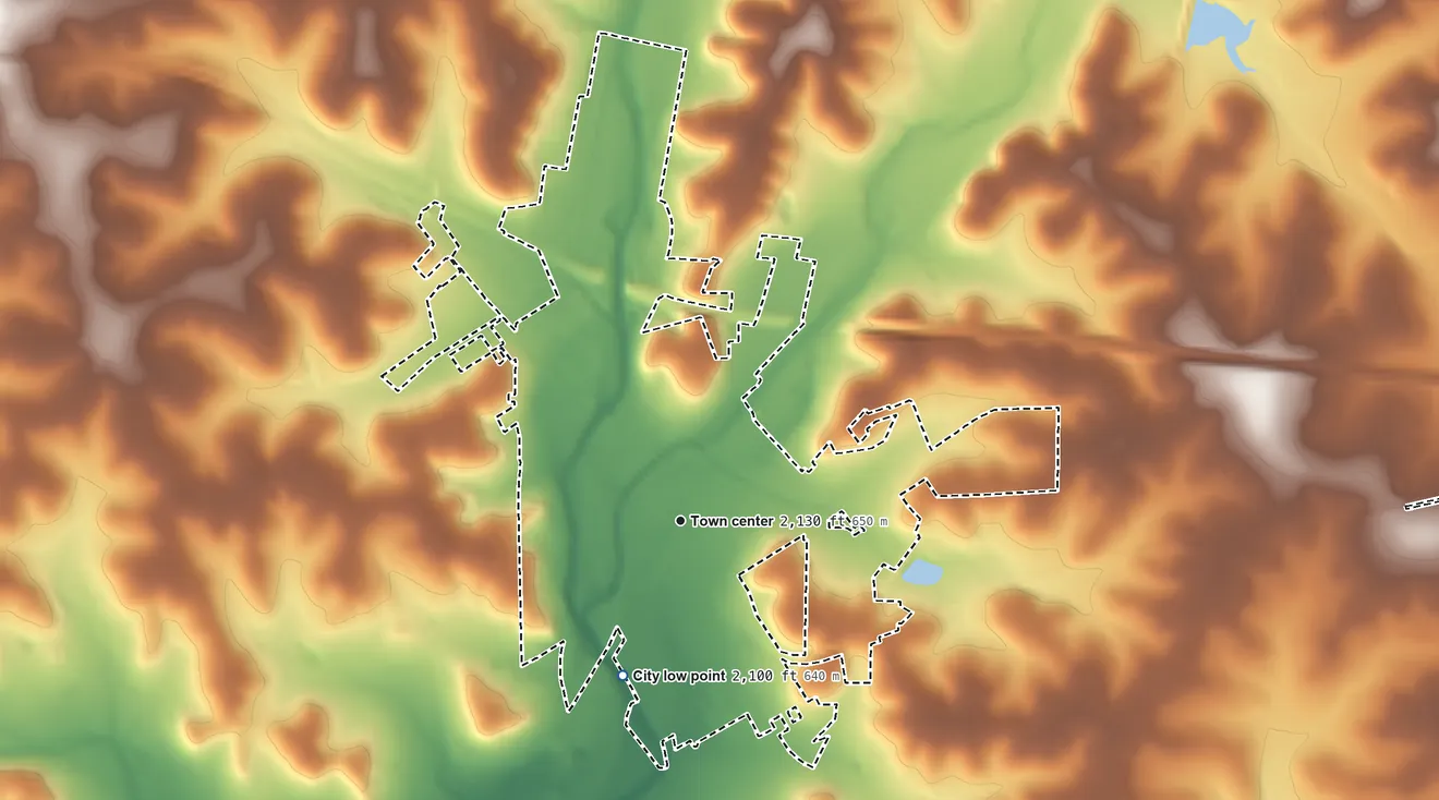 Topographic elevation map of Sonora, Texas, shaded from 2,100 ft on the south side to 2,320 ft on the east side