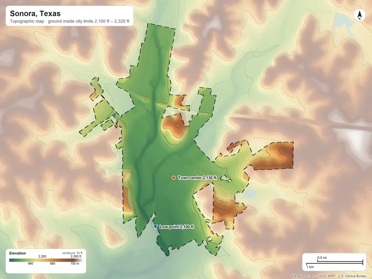 Topographic elevation map of Sonora, Texas, shaded from 2,100 ft on the south side to 2,320 ft on the east side