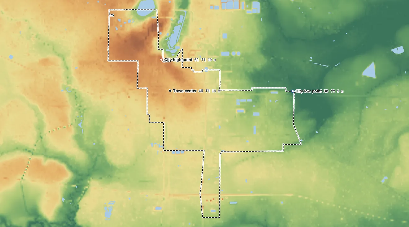 Topographic elevation map of Sour Lake, Texas, shaded from 30 ft on the east side to 61 ft on the north side