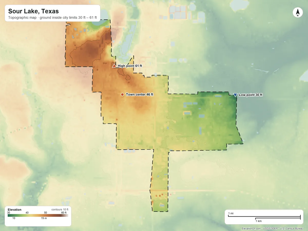 Topographic elevation map of Sour Lake, Texas, shaded from 30 ft on the east side to 61 ft on the north side