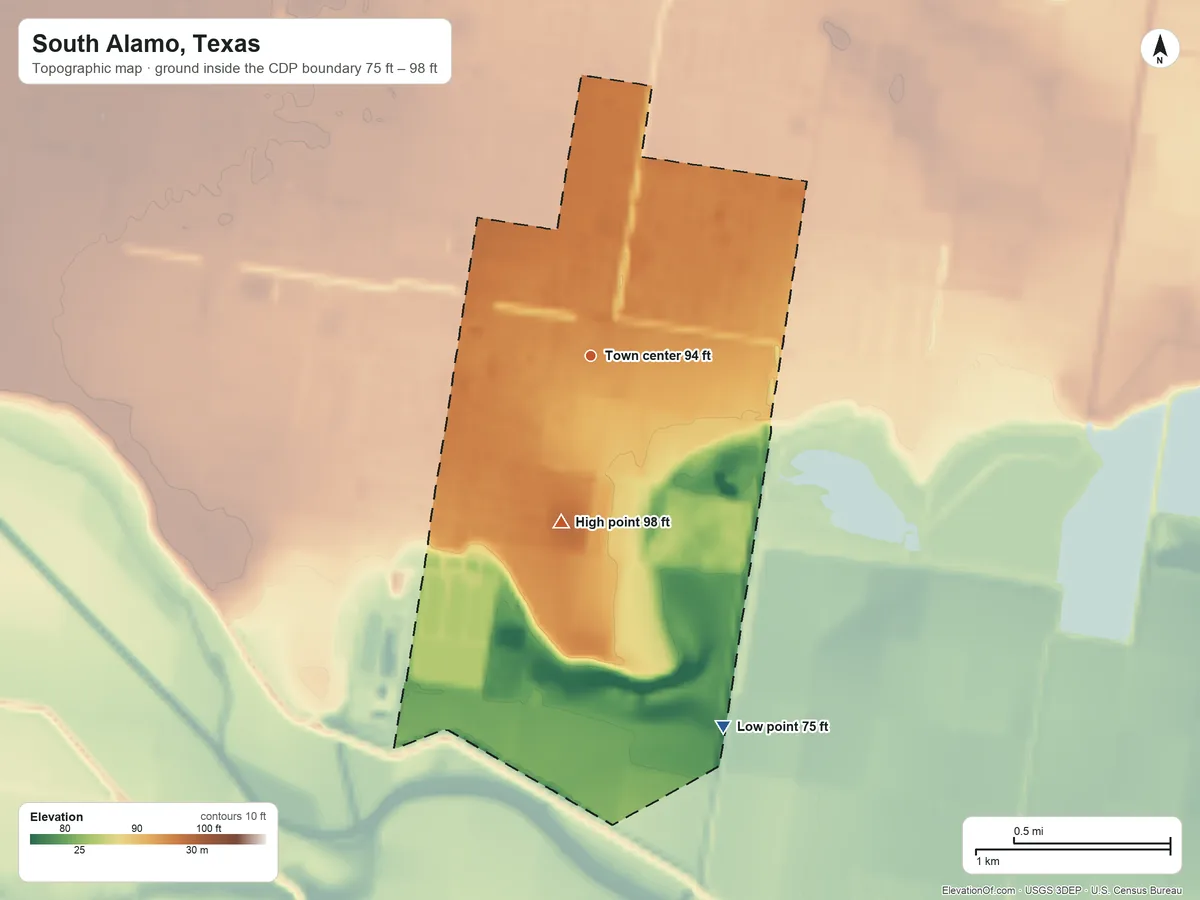 Topographic elevation map of South Alamo, Texas, shaded from 75 ft on the south side to 98 ft on the south side