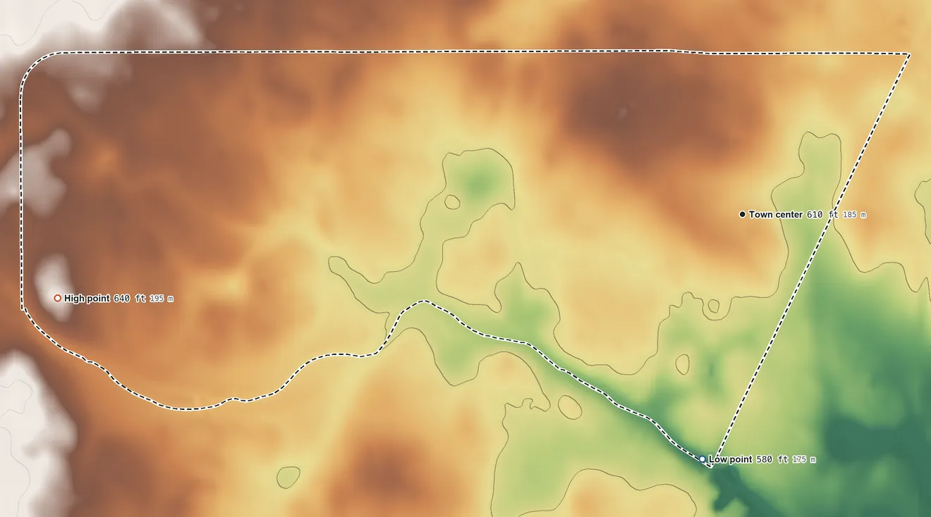 Topographic elevation map of South Fork Estates, Texas, shaded from 580 ft on the south side to 640 ft on the west side