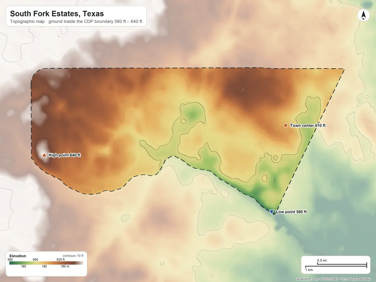 Topographic elevation map of South Fork Estates, Texas, shaded from 580 ft on the south side to 640 ft on the west side