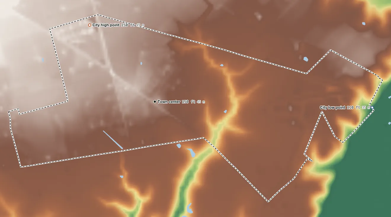 Topographic elevation map of South Frydek, Texas, shaded from 110 ft on the east side to 150 ft on the northwest side