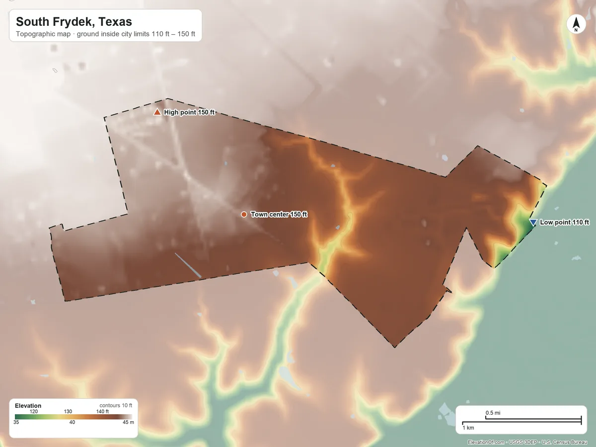 Topographic elevation map of South Frydek, Texas, shaded from 110 ft on the east side to 150 ft on the northwest side