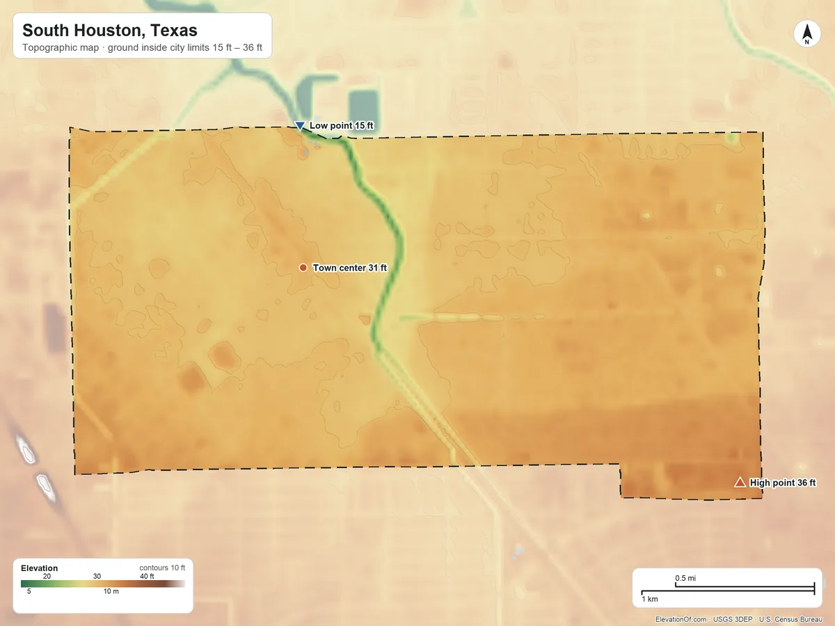 Topographic elevation map of South Houston, Texas, shaded from 15 ft on the north side to 36 ft on the southeast side
