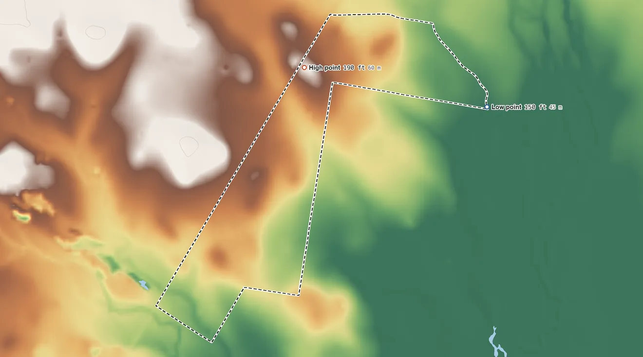 Topographic elevation map of South La Paloma, Texas, shaded from 150 ft on the east side to 190 ft on the north side