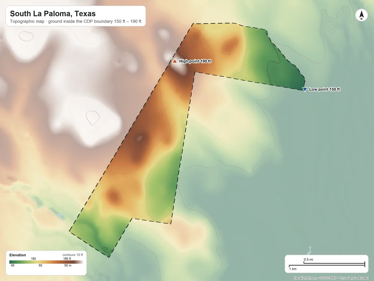Topographic elevation map of South La Paloma, Texas, shaded from 150 ft on the east side to 190 ft on the north side