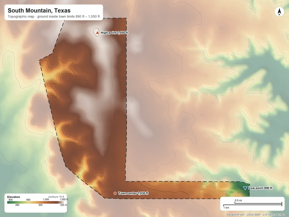 Topographic elevation map of South Mountain, Texas, shaded from 890 ft on the east side to 1,050 ft on the north side