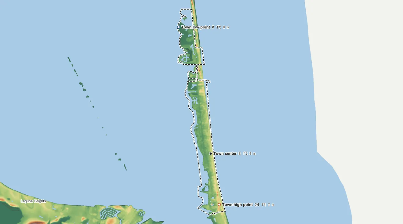 Topographic elevation map of South Padre Island, Texas, shaded from sea level level on the Laguna Madre to 24 ft on the south side