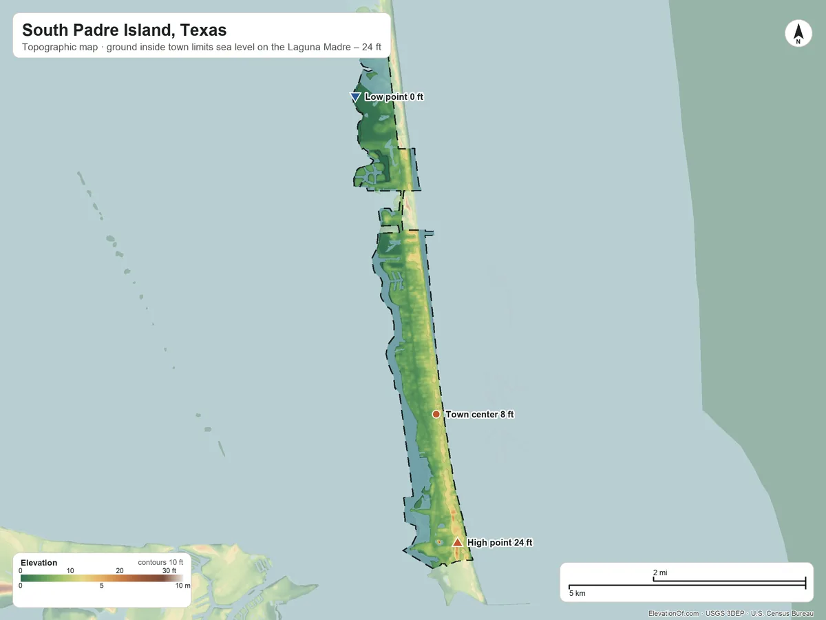 Topographic elevation map of South Padre Island, Texas, shaded from sea level level on the Laguna Madre to 24 ft on the south side