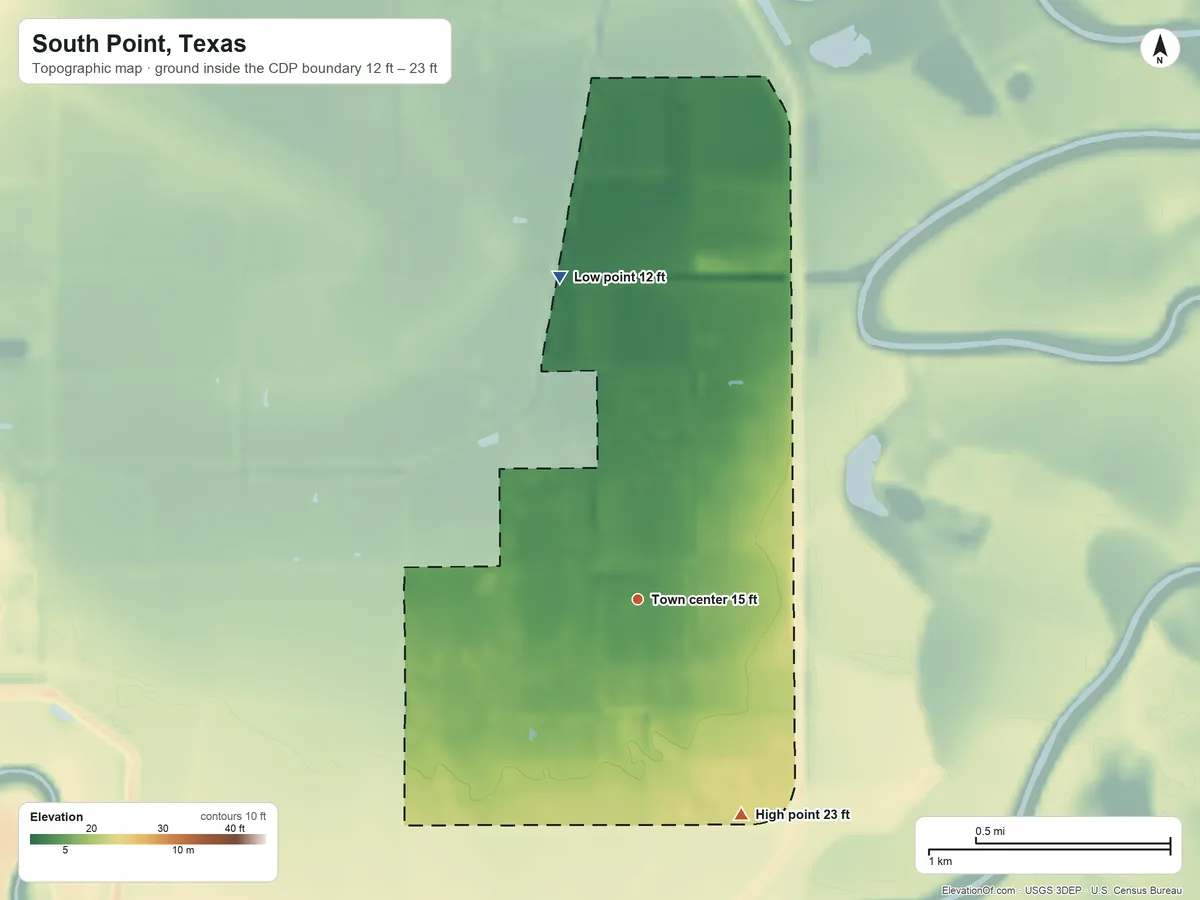 Topographic elevation map of South Point, Texas, shaded from 12 ft on the north side to 23 ft on the southeast side
