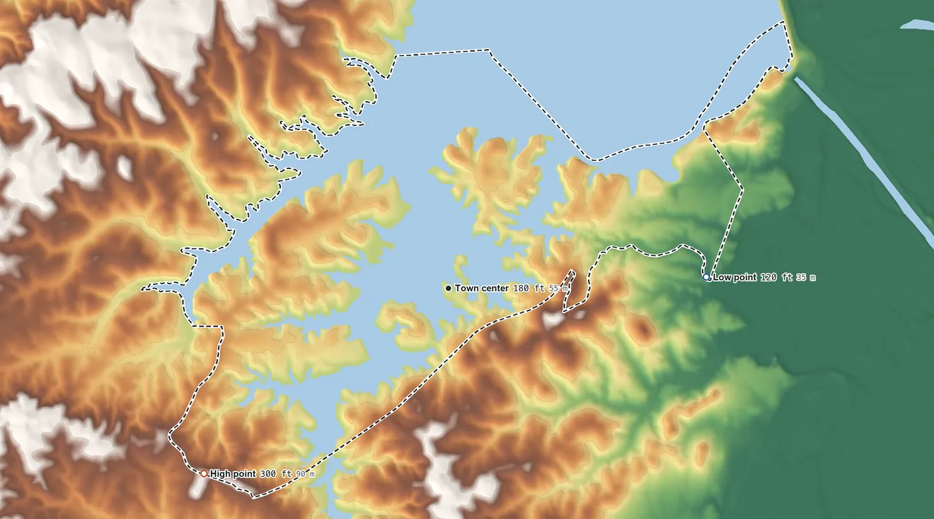 Topographic elevation map of South Toledo Bend, Texas, shaded from 120 ft on the east side to 300 ft on the southwest side