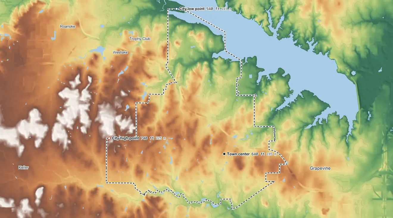 Topographic elevation map of Southlake, Texas, shaded from 540 ft on the north side to 740 ft on the west side