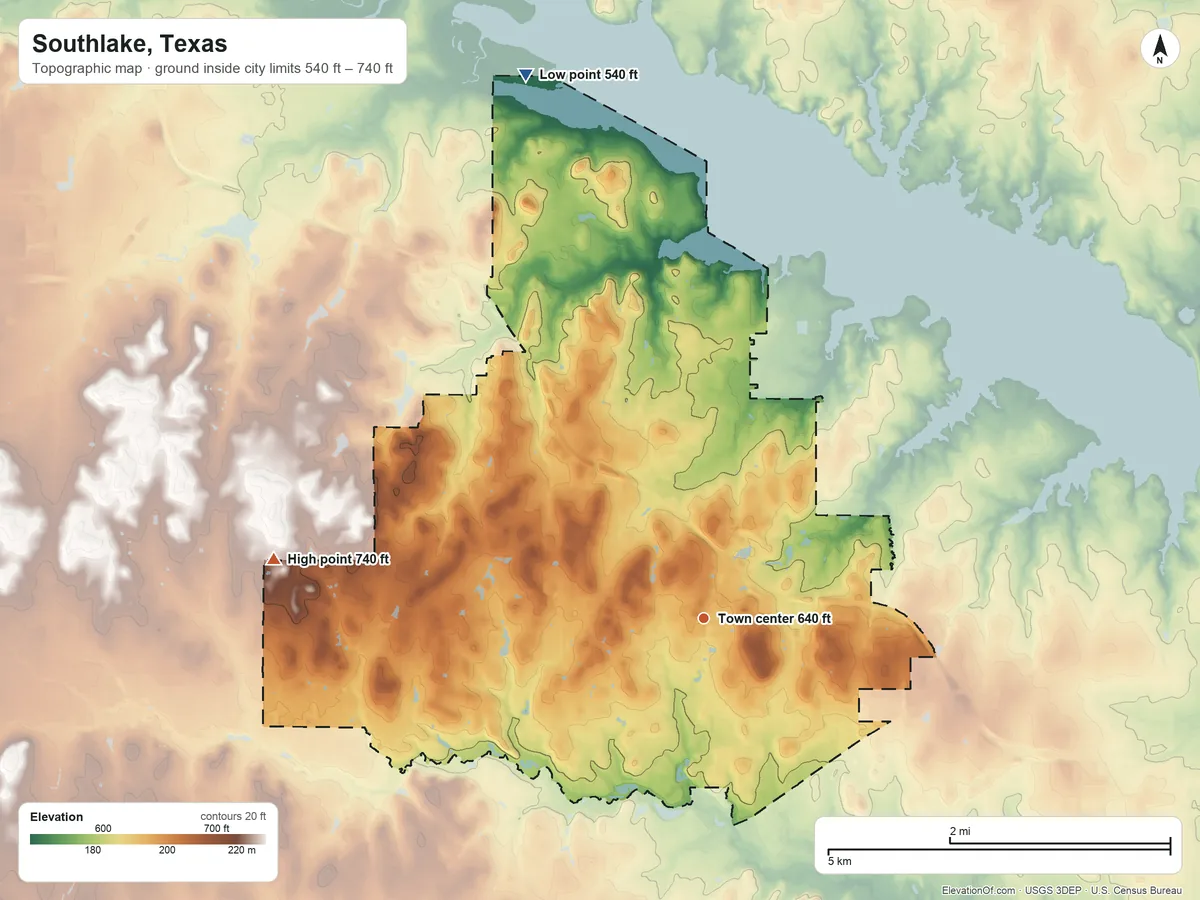 Topographic elevation map of Southlake, Texas, shaded from 540 ft on the north side to 740 ft on the west side