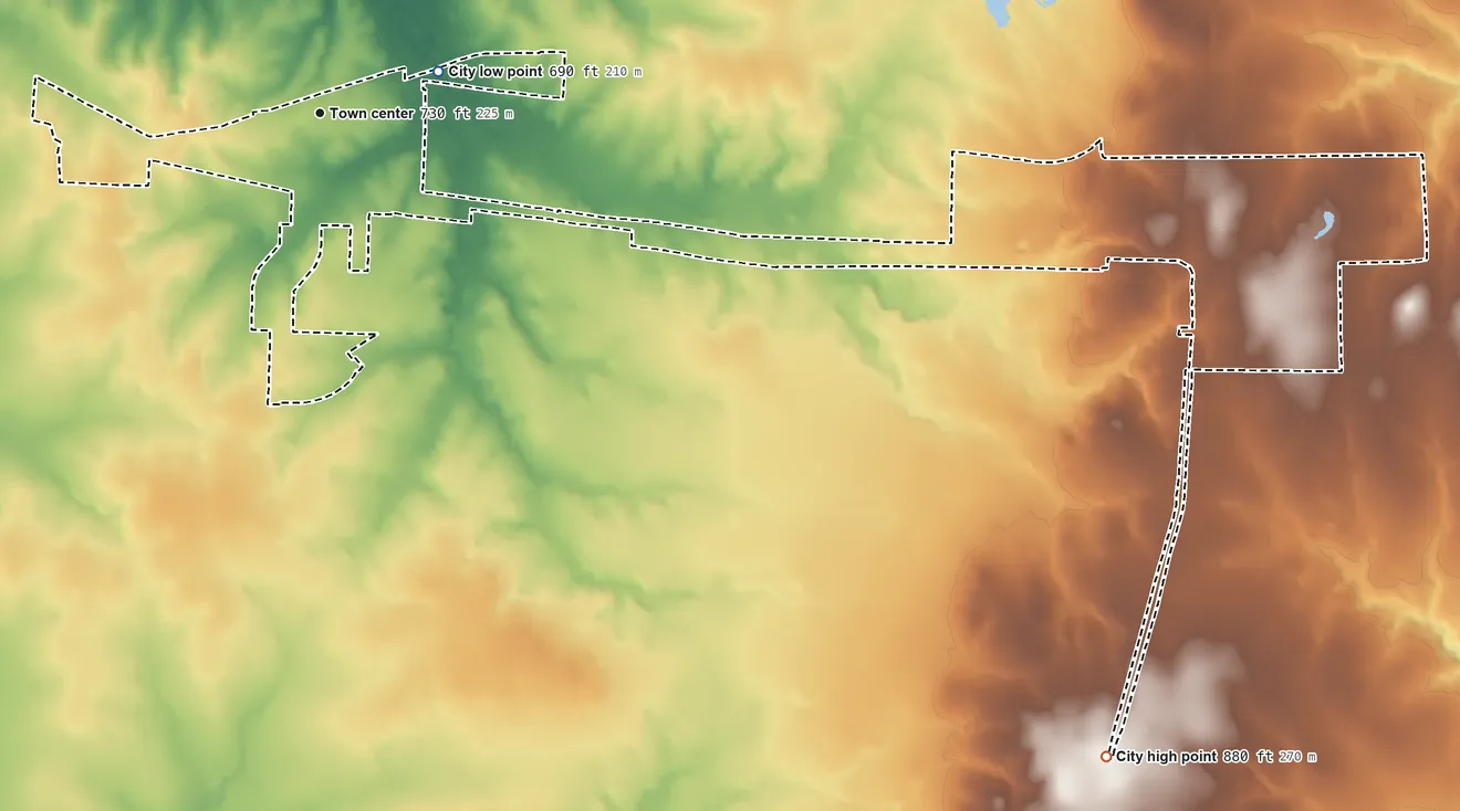 Topographic elevation map of Southmayd, Texas, shaded from 690 ft near the middle to 880 ft on the southeast side