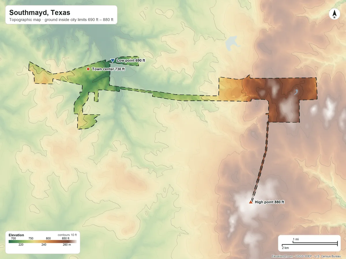 Topographic elevation map of Southmayd, Texas, shaded from 690 ft near the middle to 880 ft on the southeast side