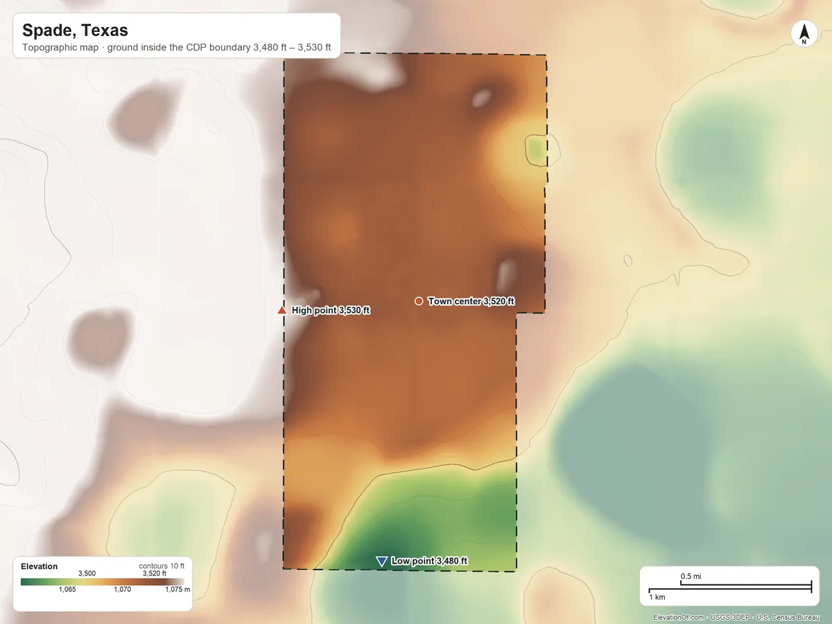 Topographic elevation map of Spade, Texas, shaded from 3,480 ft on the south side to 3,530 ft on the west side