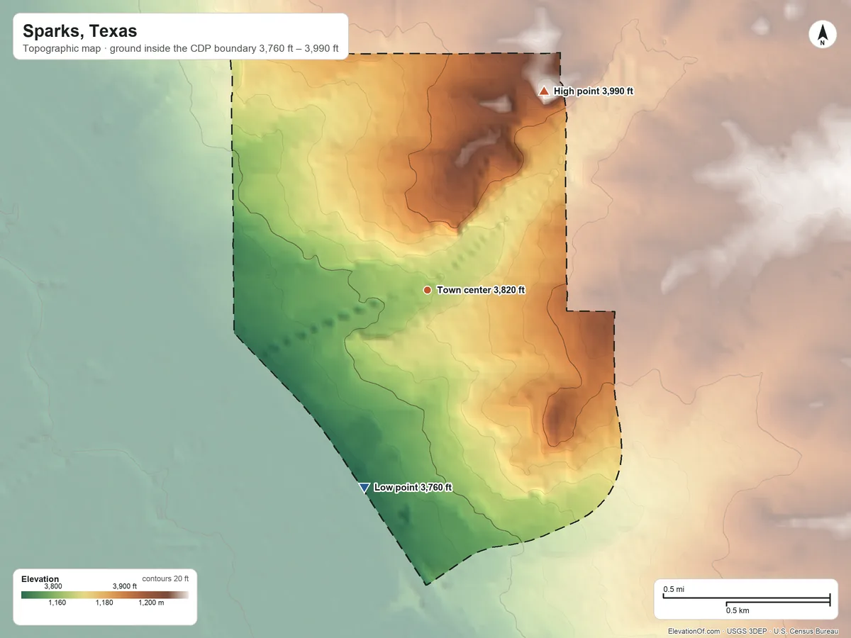 Topographic elevation map of Sparks, Texas, shaded from 3,760 ft on the south side to 3,990 ft on the northeast side